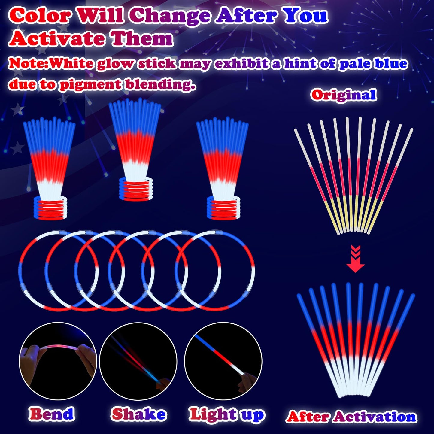 Patriotic Red White Blue Glow Sticks Bulk Party Pack 200 PCS, 4th of