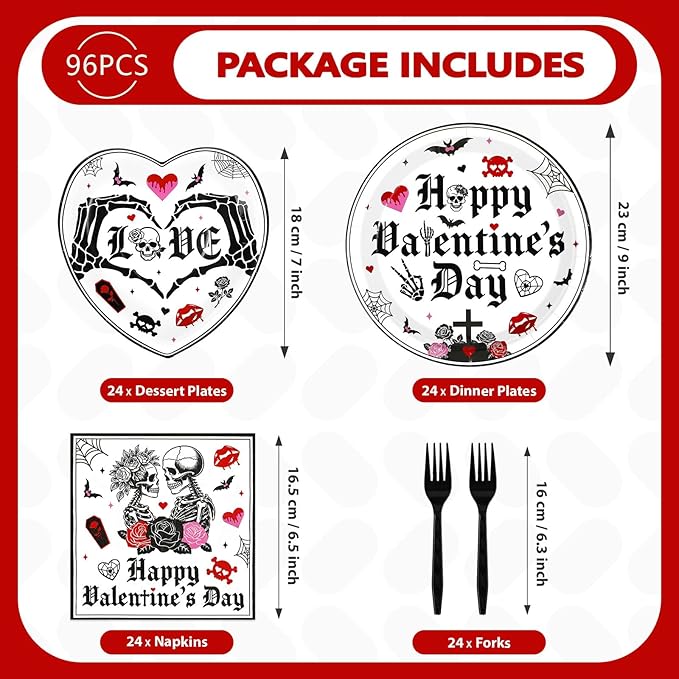 96Pcs Valentine's Day Party Supplies Romantic Gothic Heart Love