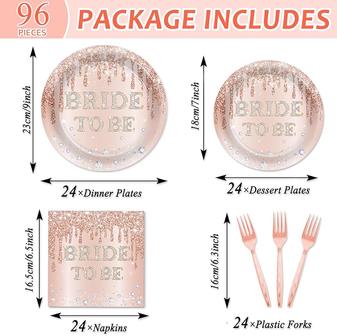 96Pcs Bridal Shower Party Decorations Rose Gold Themed Tableware
