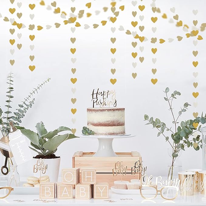 White-Gold Champagne Party-Decorations Heart Streamers Garland - 52Ft