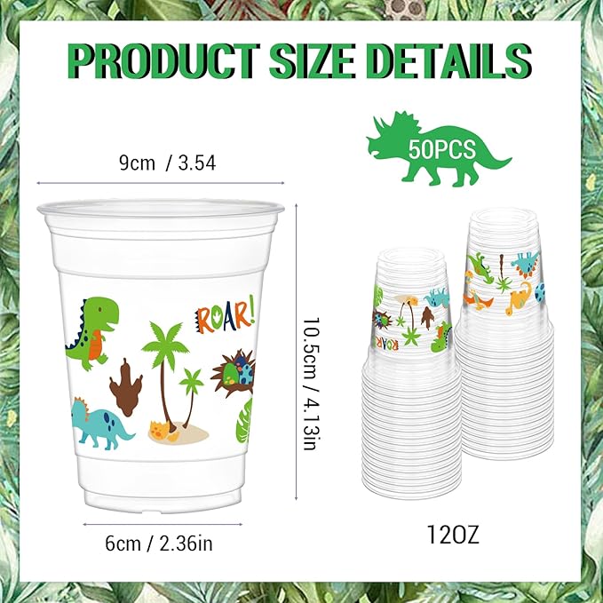 50Pcs Dinosaur Cups 12oz Dinosaur Party Cups Dino Theme Clear