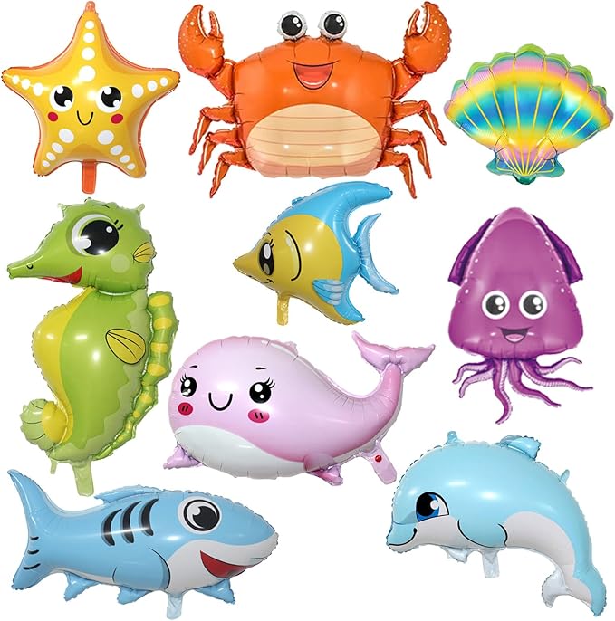9 Pcs Sea Animal Balloons, Under The Sea Decorations, Creature Shark