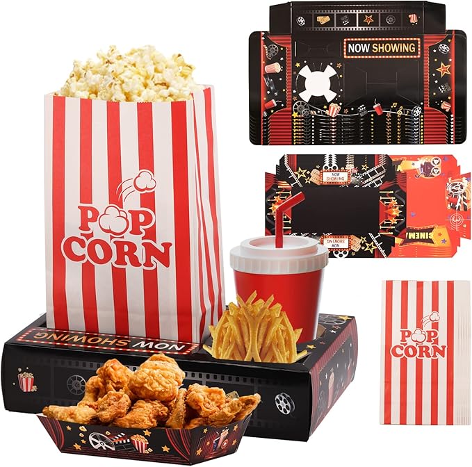 Movie Night Snack Trays with Popcorn Bags and Food Trays Movie Night
