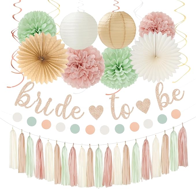 Sage Green Pink Beige Bridal Shower Party Decorations 36pcs Bride to