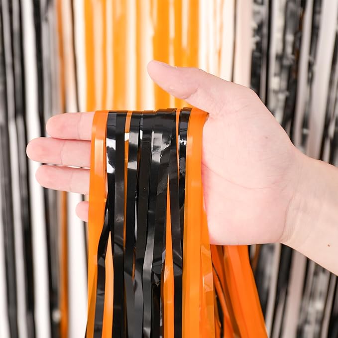 Voircoloria 3 Pack 3.3x8.2 Feet Black and Orange Foil Fringe Backdrop