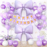 Purple Bow Birthday Decorations, Purple Happy Birthday Banner with