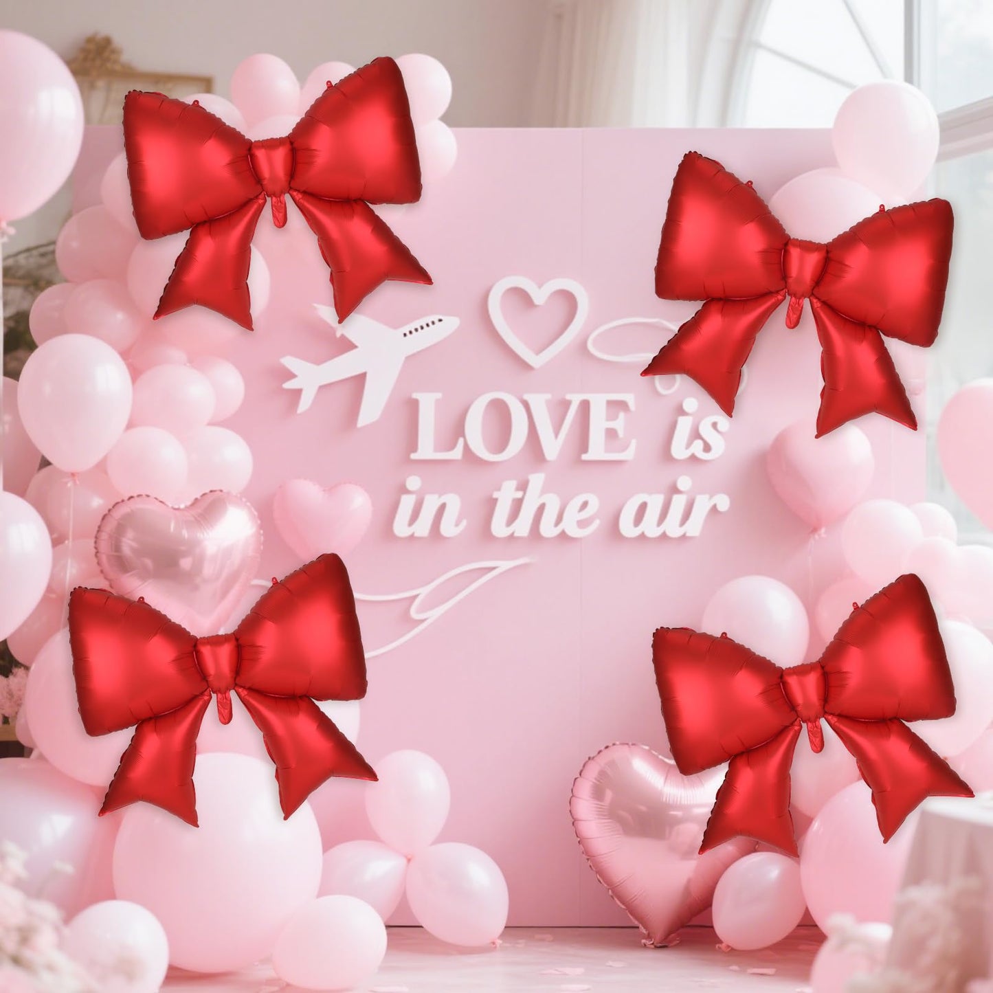 4Pcs Giant Bow Balloons, 97.5cm/38in Big Elegant Coquette Theme Red