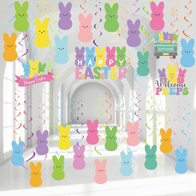 36 Pcs Easter Bunny Hanging Swirls Easter Party Decorations Happy
