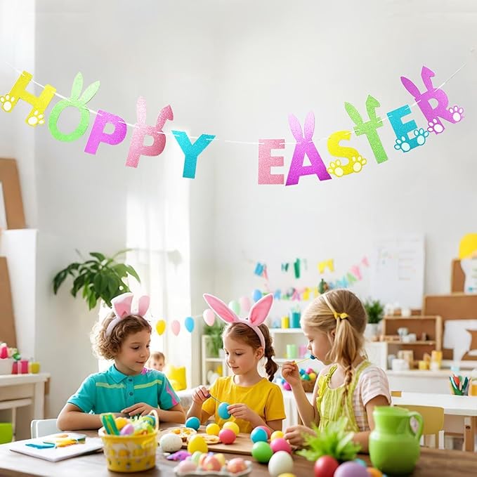 Easter Party Decorations Glitter Bunny Hoppy Easter Banner Spring