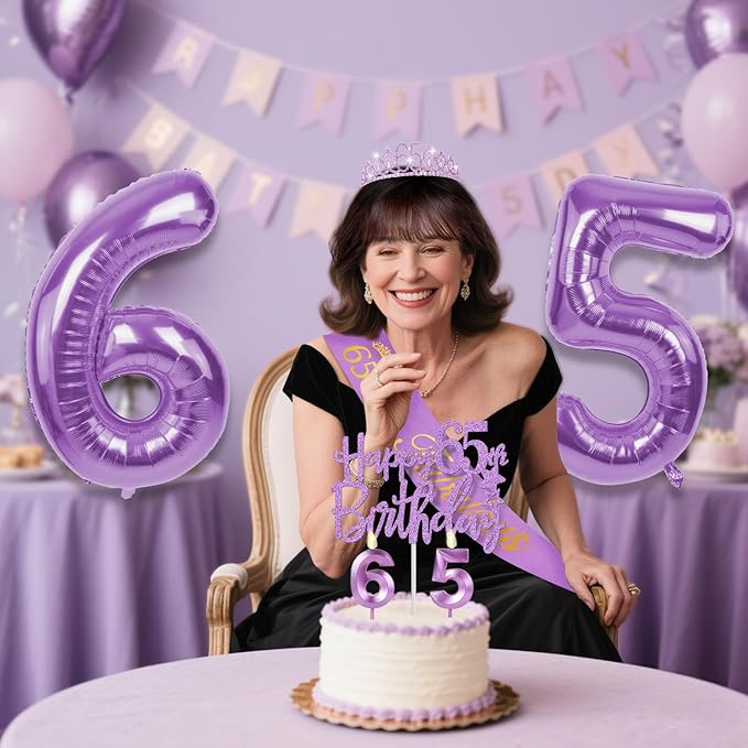65th Birthday Decorations for Women Purple with 65th Birthday Sash