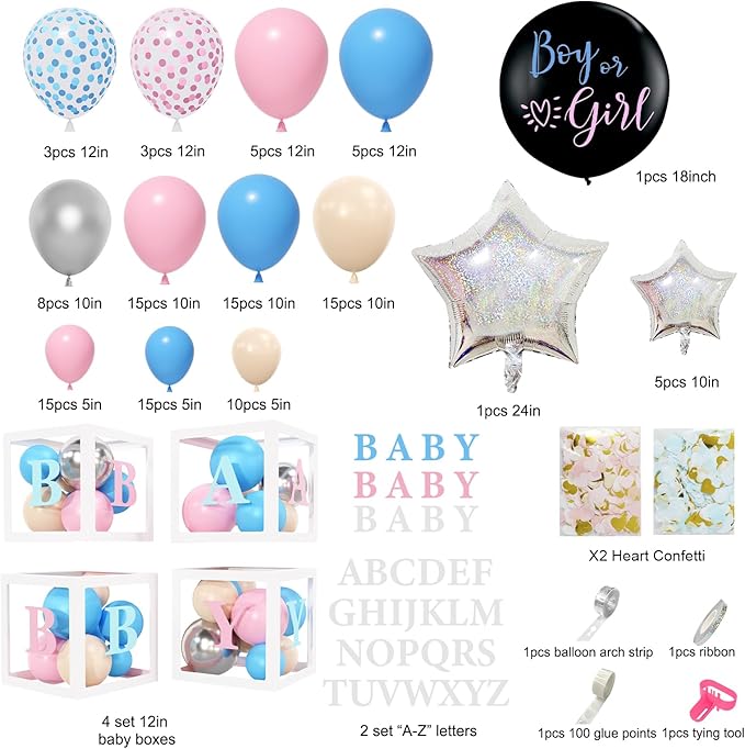 164PCS Baby Boxes Gender Reveal Balloon Decorations Pink and Blue