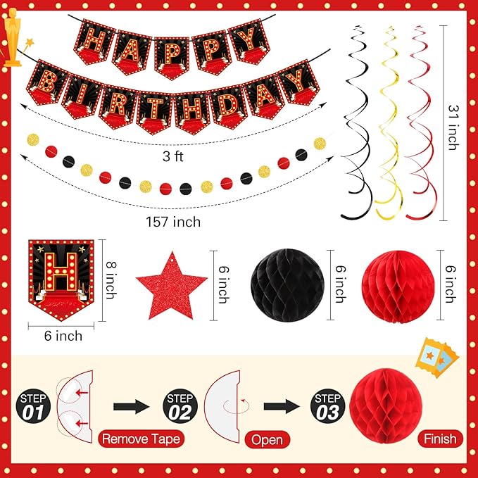 24 Pcs Movie Night Theme Happy Birthday Banner Decorations Movie