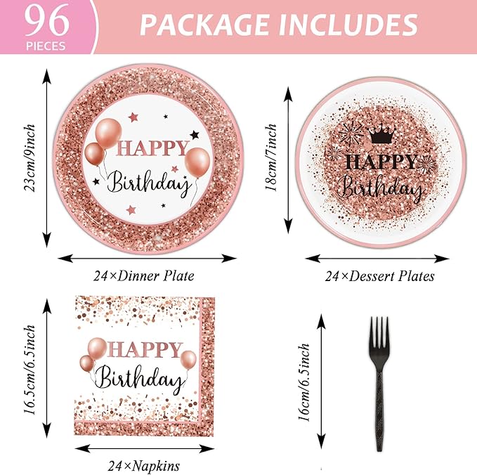 Wiooffen 96pcs Rose Gold Birthday Party Supplies Pack Happy Birthday
