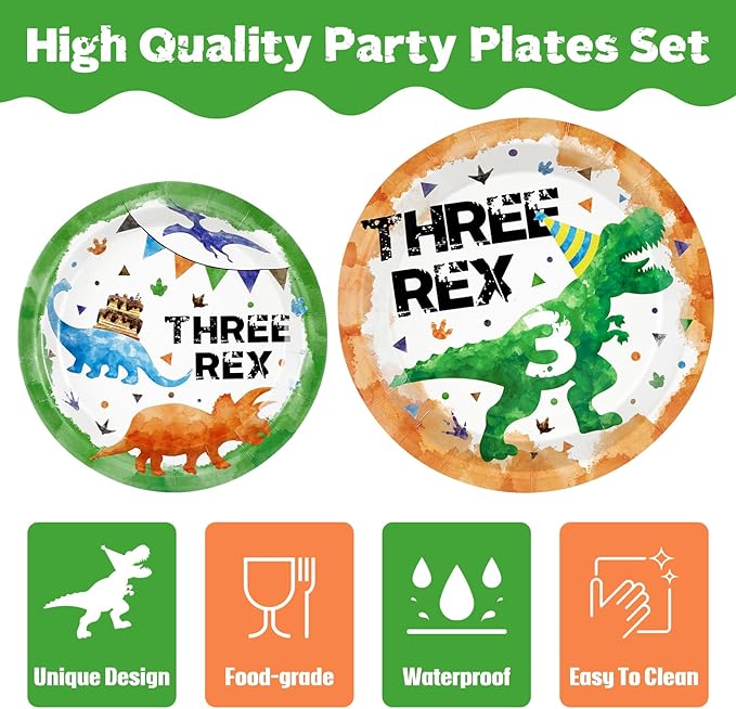 Three Rex Birthday Decorations 64PCS Dinosaur Plates Napkins and
