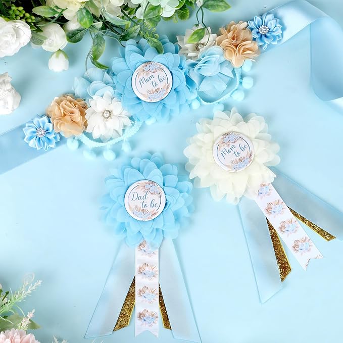 Boho Baby Shower Maternity Sash Kit - Blue Neutral Baby Shower Belly