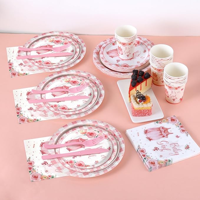 168Pcs Baby Shower Decorations for Girl, Pink Floral Baby Shower