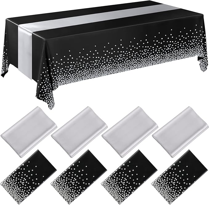 Breling 8 Pack Black and Silver Disposable Plastic Tablecloths and