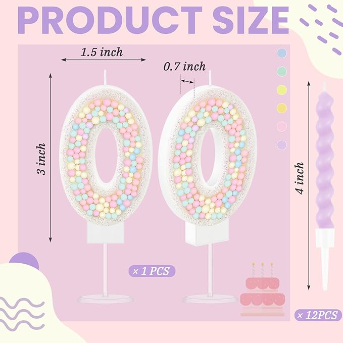 MTLEE Number 0 Birthday Candle with 12 Pcs Spiral Candles for Girls