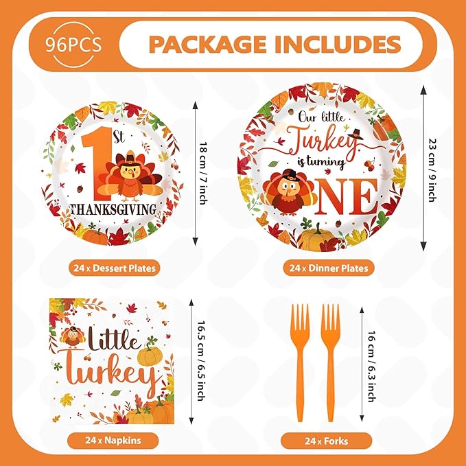 96Pcs Thanksgiving 1st Birthday Decorations Our Little Turkey Is