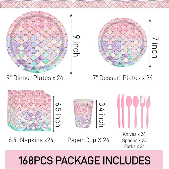 168 Pcs Mermaid Birthday Party Decorations Plates Set for 24 Guests