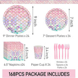 168 Pcs Mermaid Birthday Party Decorations Plates Set for 24 Guests