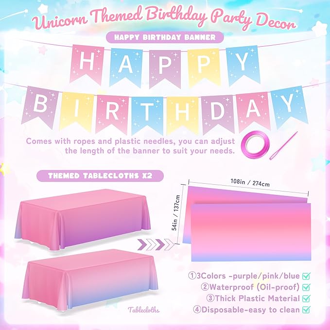 195Pcs Unicorn Birthday Party Supplies with Plates Cups Napkins