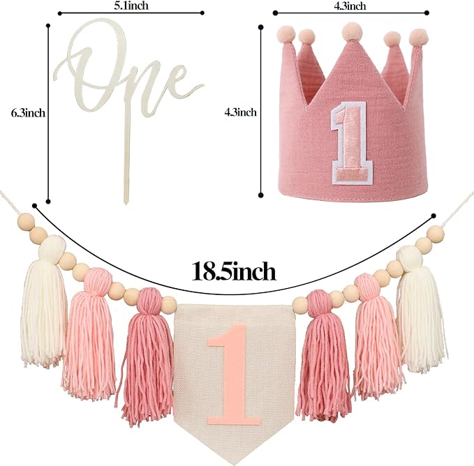 First Birthday Party Decorations Pink High Chair Banner 1st Crown