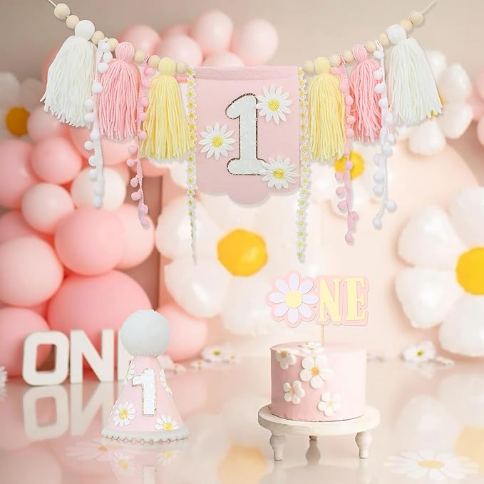 Pink Daisy Baby First Birthday Party Decorations Blue High Chair