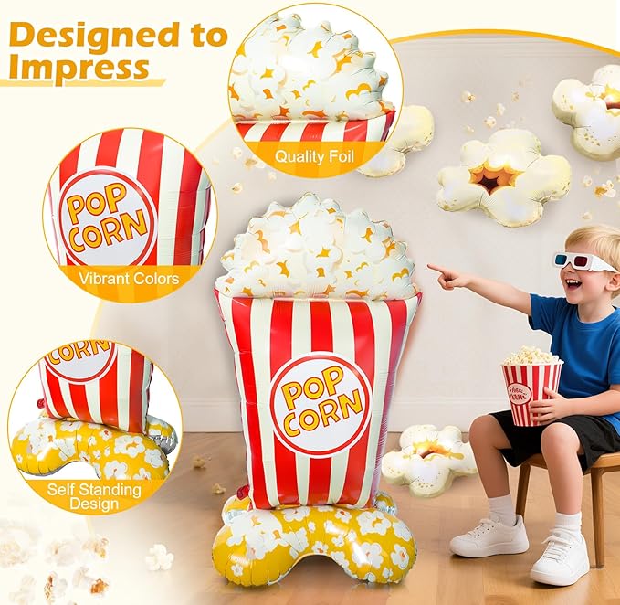 6 PCS Popcorn Balloons Set, 2 Jumbo 3.7 FT Standing Popcorn Bucket