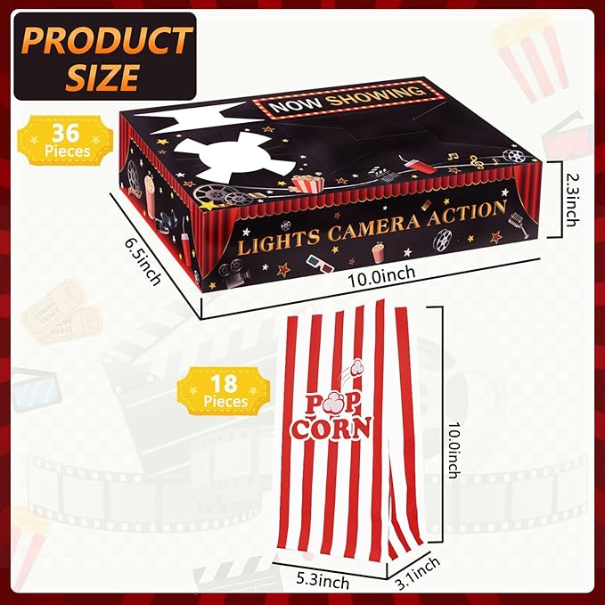 36 Pcs Movie Night Snack Trays with Popcorn Bags Disposable Paper