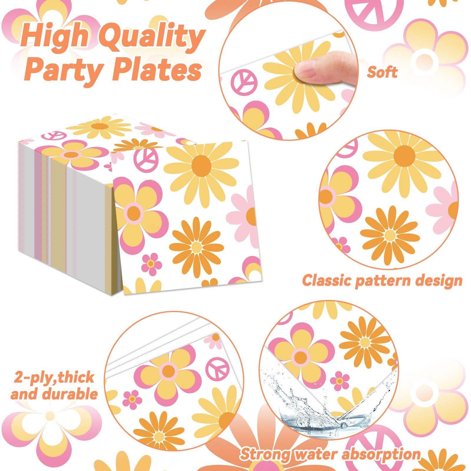 ZOIIWA 200 PCS Groovy Birthday Tableware Disposable Hippie Daisy