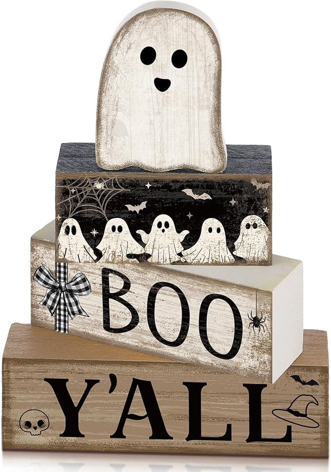 4 Pcs Halloween Table Decoration Wooden Ghost Tiered Tray Decoration