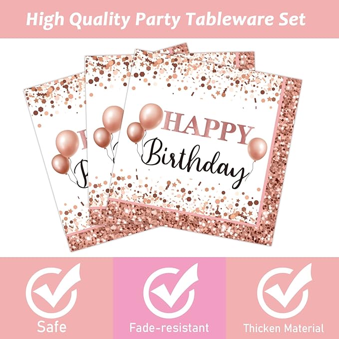 Wiooffen 96pcs Rose Gold Birthday Party Supplies Pack Happy Birthday