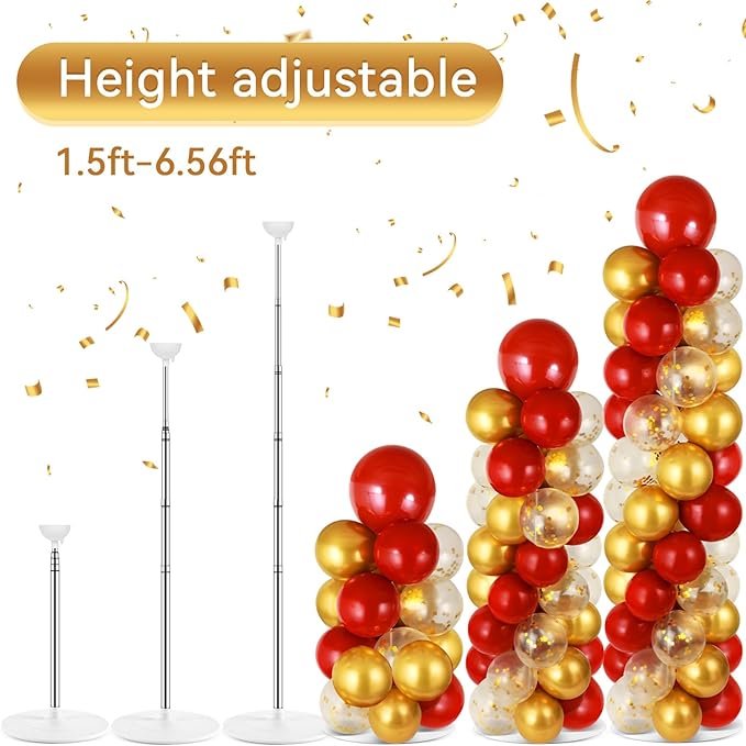 2 Sets Red Gold Balloon Column Stand Kit with 100 Balloons Adjustable