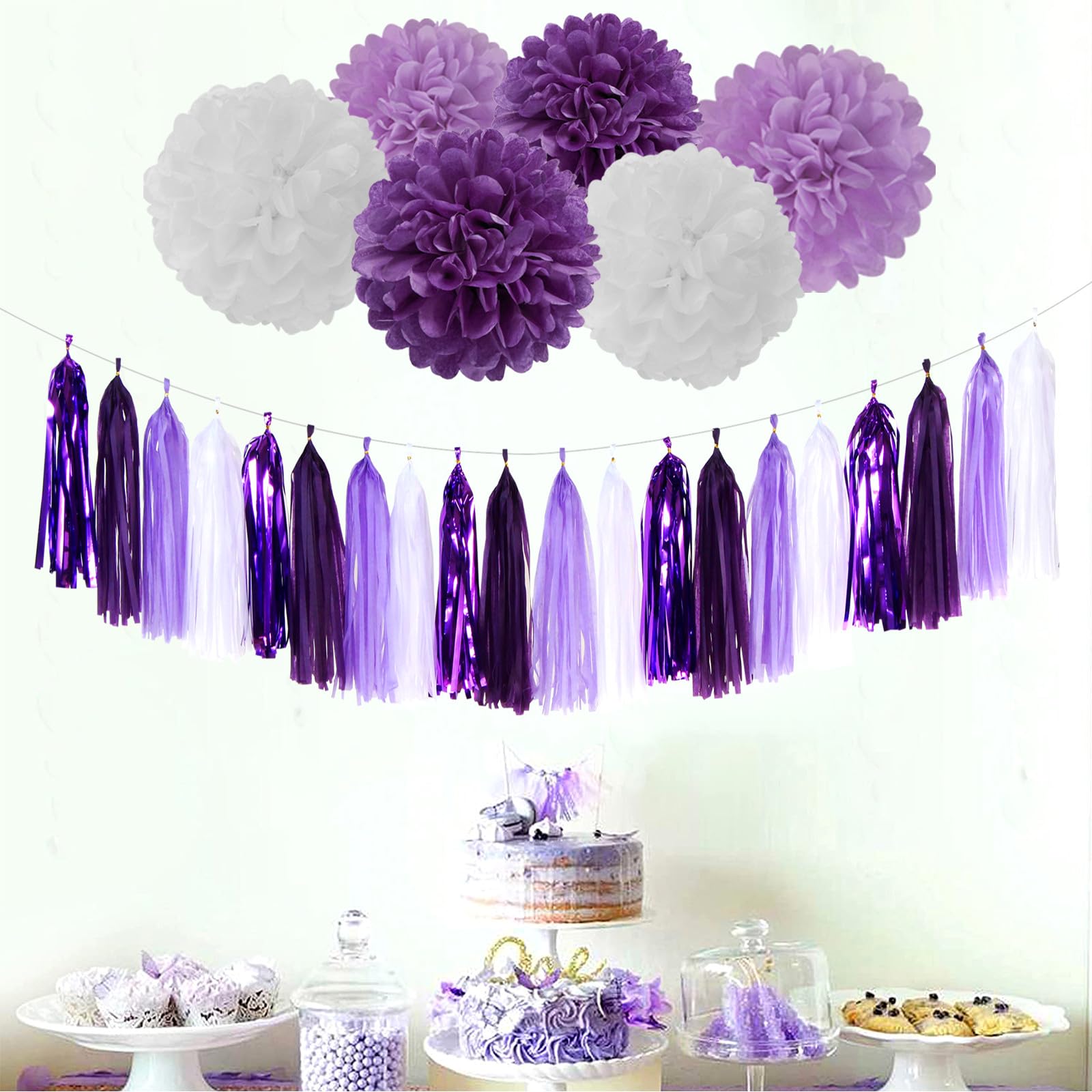 Purple White Lavender Party-Decorations Streamers - 28pcs Tissue Pom