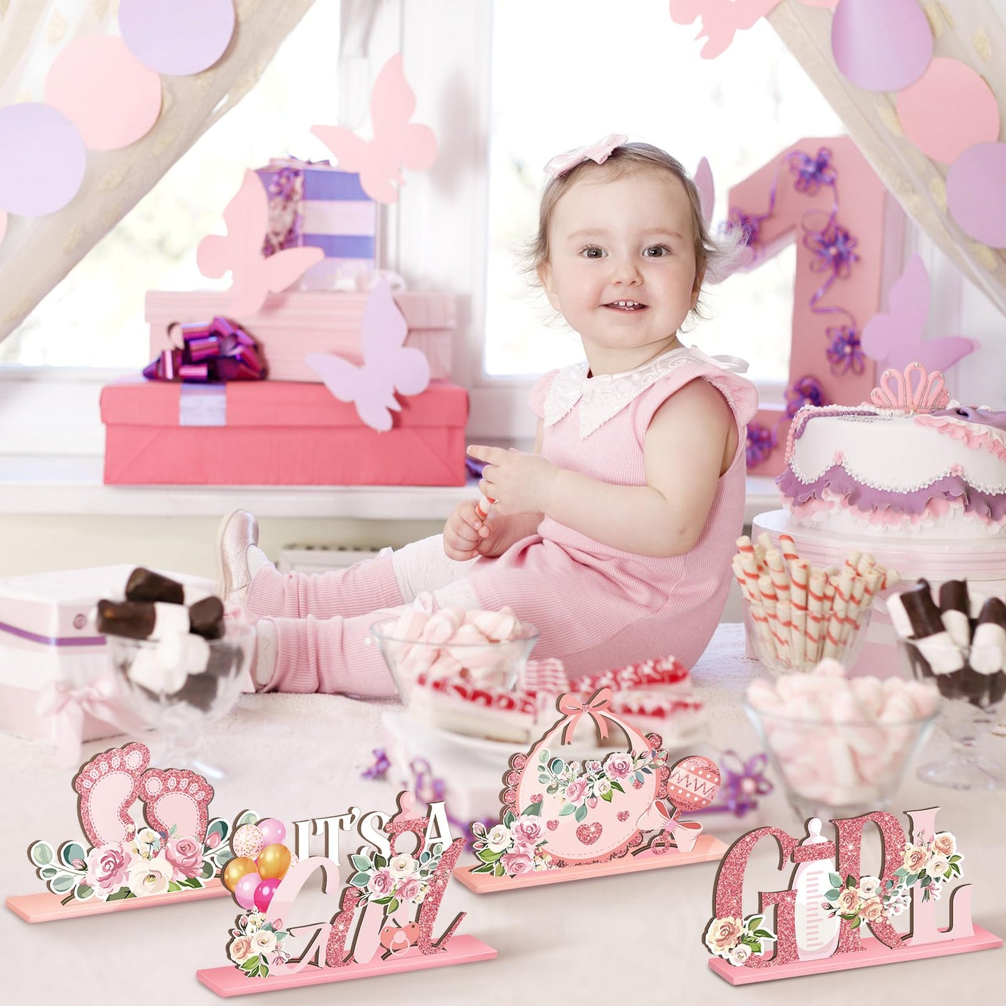 6 Pcs Floral Baby Shower Table Decoration Flower Girl Birthday Wooden