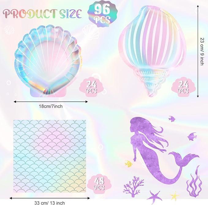 96 Pcs Mermaid Plates and Napkins for 24 Guests 7 Inch 9