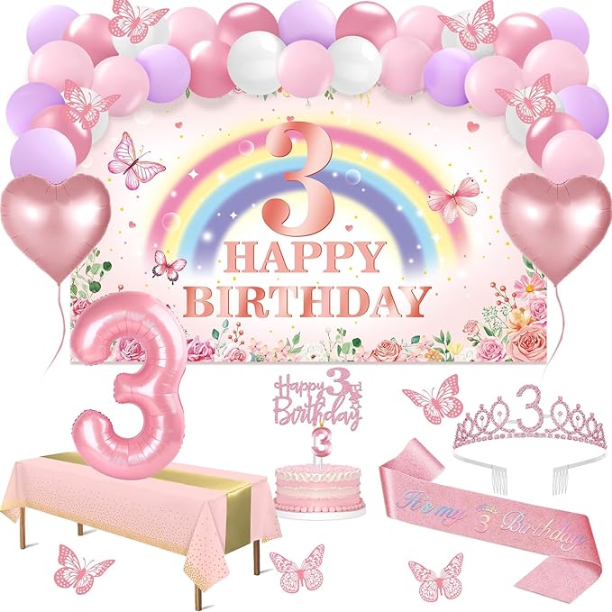 3rd Birthday Decorations for Girls 47pcs Pink Flower Rainbow Banner