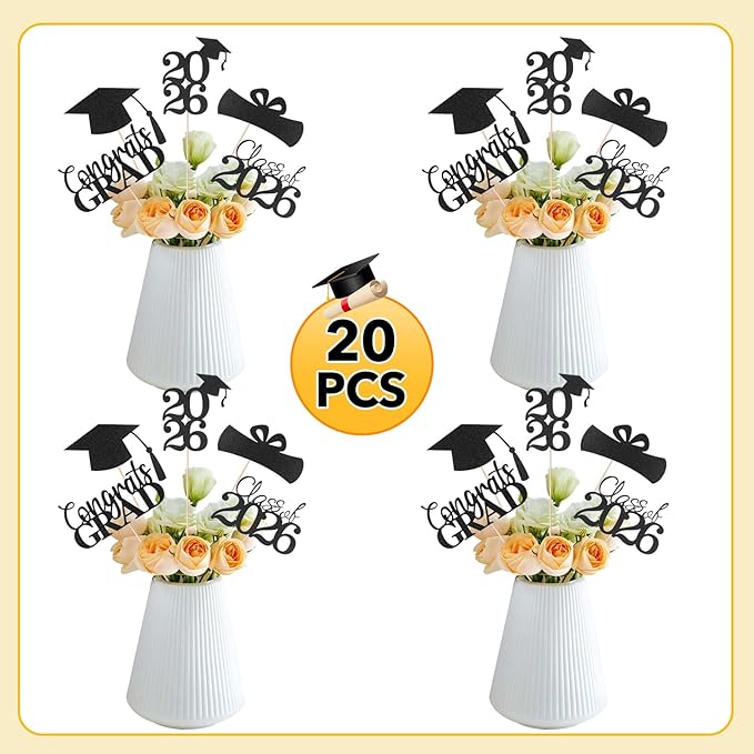 Graduation Decorations 2026, 20 PCS Sparkling Black Double-Sided