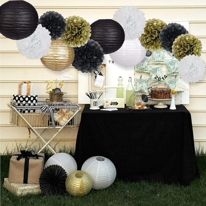 Black Gold Party Decorations, Black Gold Paper Lanterns and Pom Poms