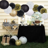 Black Gold Party Decorations, Black Gold Paper Lanterns and Pom Poms