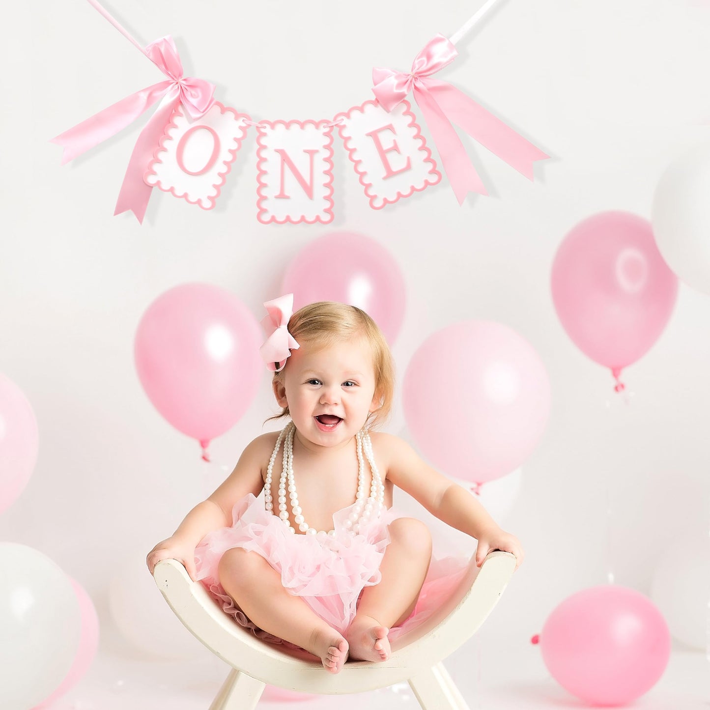 Girls 1st Birthday Decorations - Pink Bow High Chair Banner, Bow First
