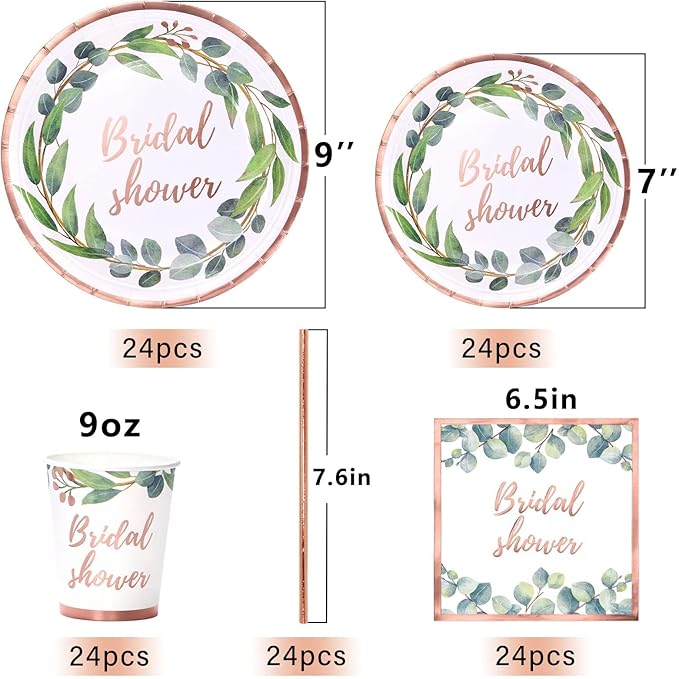 168Pcs Green and Rose Gold Party Decoration Bridal Shower Plates and