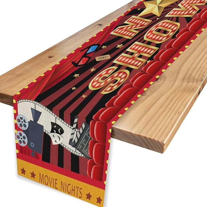 Movie Night Table Runner, Rustic Film Movie Theme Popcorn Tape Now