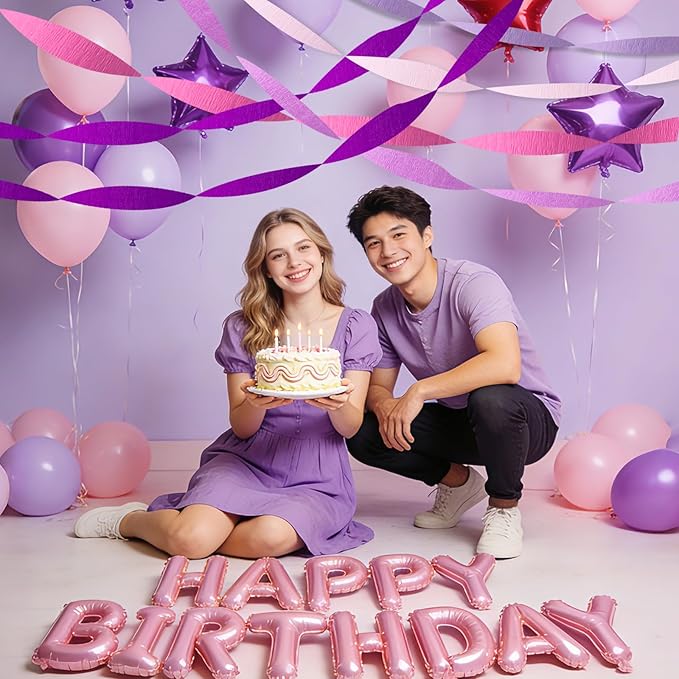 5 Rolls Purple Pink Crepe Paper Streamers, Lavender Hot Pink Party