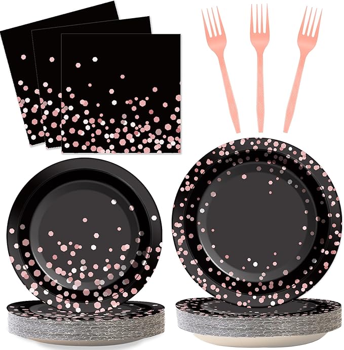 96PCS Black and Rose Gold Party Supplies Rose Gold Paper Plates