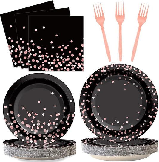 96PCS Black and Rose Gold Party Supplies Rose Gold Paper Plates