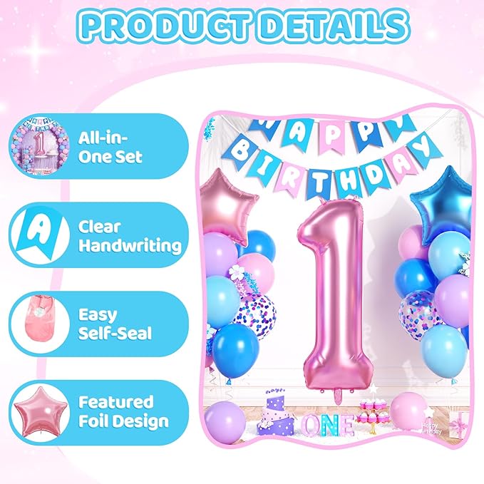 1st Birthday Decorations, 40 Inch Pink Number 1 Balloon, 18 Inch Foil
