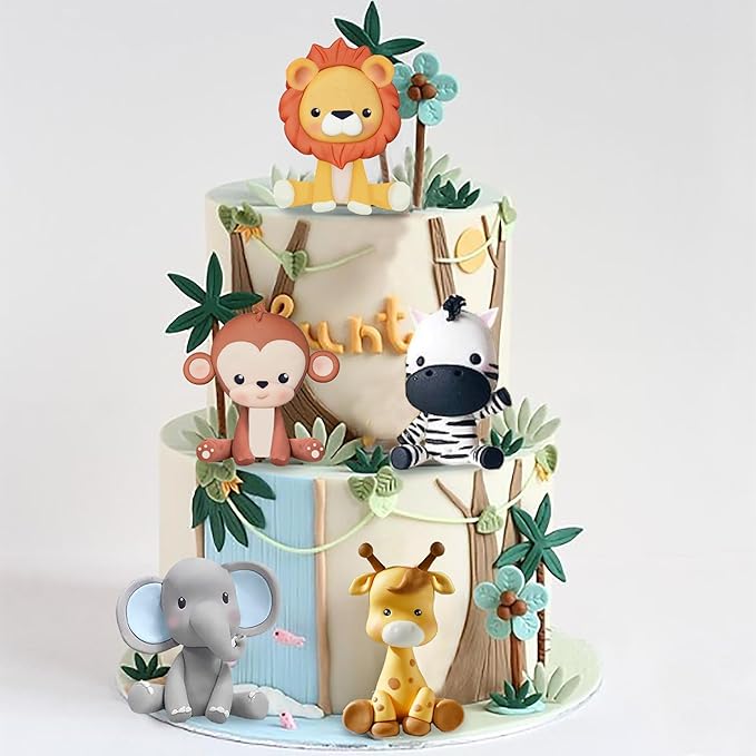 Jungle Safari Animal Cake Topper with Lion Giraffe Monkey Elephant