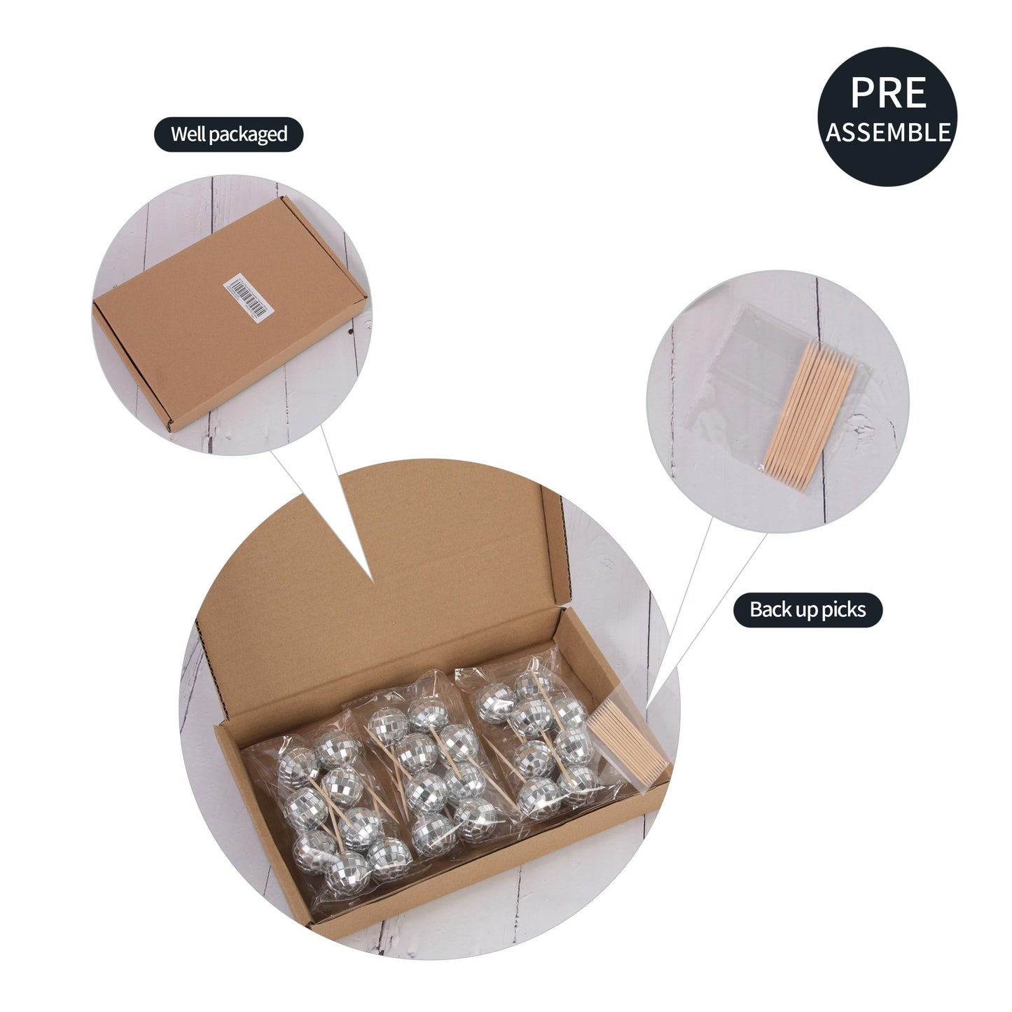 Gexolenu 24 Pcs Disco Ball Cupcake Toppers, NO DIY Silver Disco Ball
